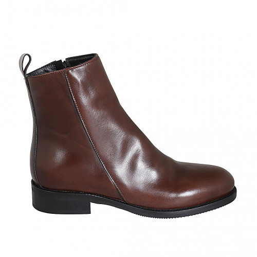 Stivaletto da donna in pelle liscia marrone con cerniera tacco 3 - Misure disponibili: 32, 35, 44