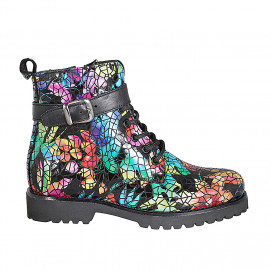 Stivaletto stringato da donna con cerniera e fibbia in pelle nera e stampata multicolor tacco 5 - Misure disponibili: 42