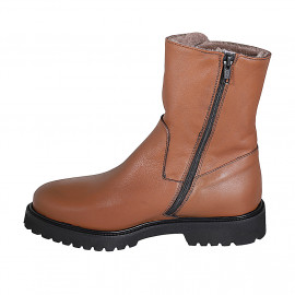 Botines para mujer con doble cremallera en piel cognac tacon 3 - Tallas disponibles:  32, 33, 42, 43, 44, 45 2