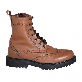 Bottines pour femmes avec lacets, bout Brogue et fermeture éclair en cuir cognac talon 3 - Pointures disponibles:  32, 33, 44, 45