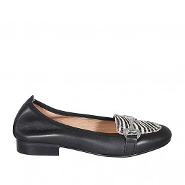 Woman's loafer shoe with accessory in black leather and striped black and white haircalf heel 2 - Available sizes:  32, 33, 42, 43