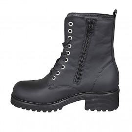 Botin para mujer con cremallera, tachuelas y cordones en piel mate negra tacon 5 - Tallas disponibles:  32, 34, 42 2