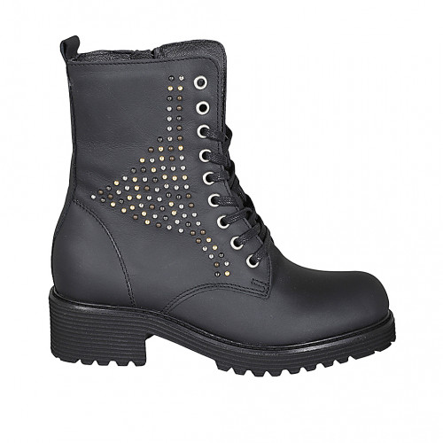 Woman's laced ankle boot with zipper and studs in matt black leather heel 5 - Available sizes:  32, 34, 42