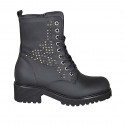 Woman's laced ankle boot with zipper and studs in matt black leather heel 5 - Available sizes:  32, 34, 42