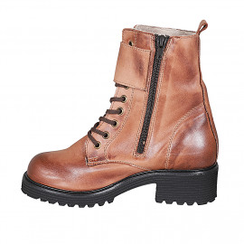 Woman's laced ankle boot with zipper and buckles in cognac brown leather heel 5 - Available sizes:  42, 43, 45 2