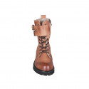 Woman's laced ankle boot with zipper and buckles in cognac brown leather heel 5 - Available sizes:  42, 43, 45