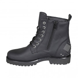 Botin para mujer con cremallera, tachuelas y cordones en piel mate negra tacon 3 - Tallas disponibles:  43, 44 2