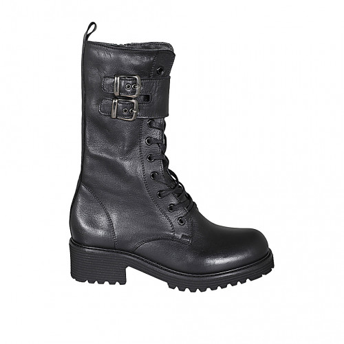 Woman's laced ankle boot with buckles and zipper in black leather heel 5 - Available sizes:  33