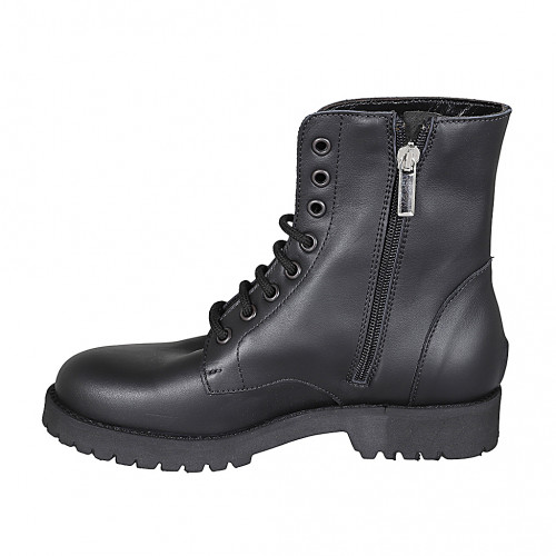 Bottines pour femmes à lacets avec fermeture éclair en cuir lisse noir avec talon 3 - Pointures disponibles:  32, 33