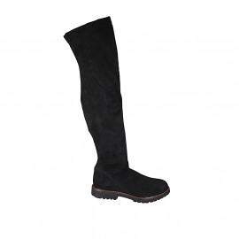 Botas a la rodilla para mujer en gamuza y material elastico negro con media cremallera tacon 3 - Tallas disponibles:  43, 45