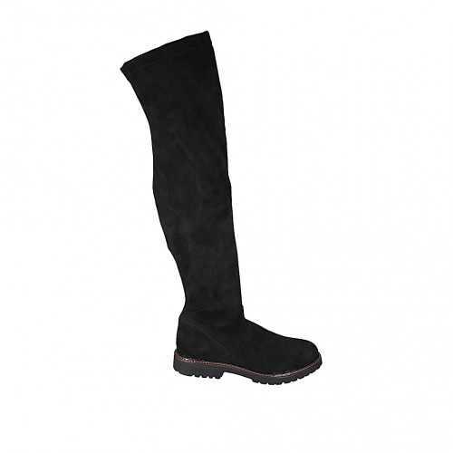 Woman's over-the-knee boot in black suede and elastic material with half zipper heel 3 - Available sizes:  43, 45