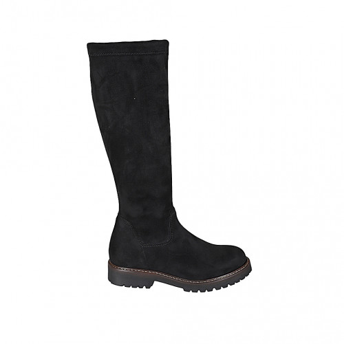 Botas a la rodilla para mujer en gamuza y material elastico negro con cremallera tacon 3 - Tallas disponibles:  32