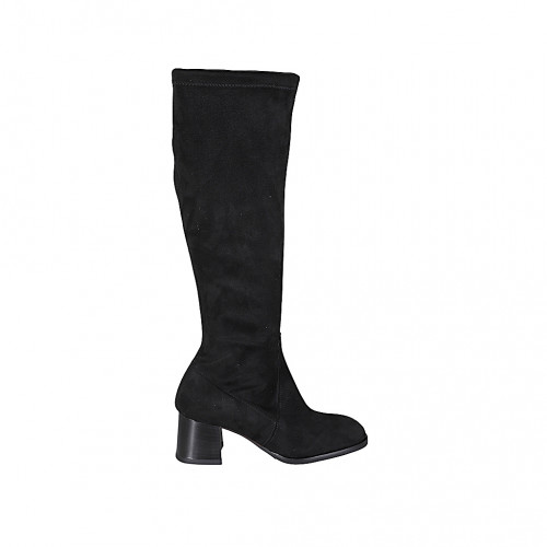 Woman's boot with half zipper in black suede and elastic material heel 5 - Available sizes:  33, 34, 42, 44
