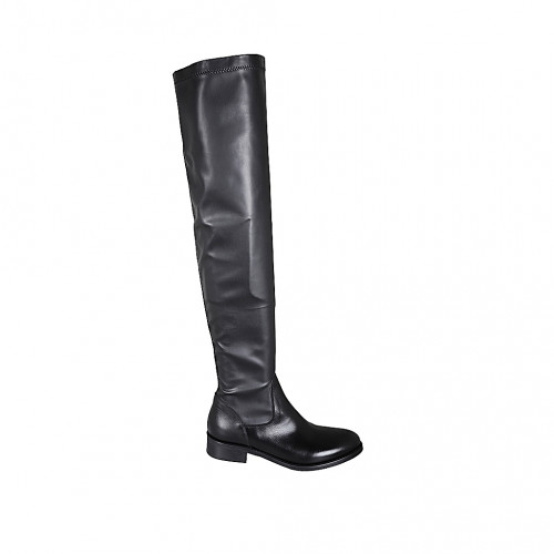Bottes au-dessus de genou pour femmes en cuir et matériau élastique noir talon 3 - Pointures disponibles:  33, 34