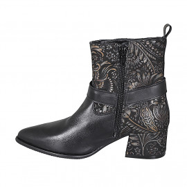 Woman's pointy ankle boot with zipper and buckle in bronze printed suede and black leather heel 5 - Available sizes:  33, 42, 43 2