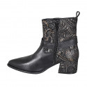 Woman's pointy ankle boot with zipper and buckle in bronze printed suede and black leather heel 5 - Available sizes:  33, 42, 43