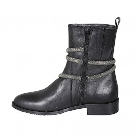 Woman's ankle boot with rhinestone accessory and zipper in black leather heel 3 - Available sizes:  32, 34 2