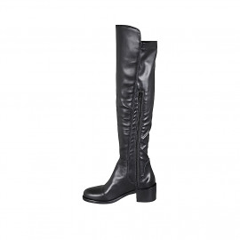 Bottes au dessus de genou pour femmes en cuir et matériau élastique noir avec demi fermeture éclair talon 5 - Pointures disponibles:  32, 33, 34 2