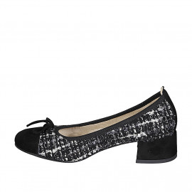 Woman's ballerina with bow and captoe in black suede and black and white fabric heel 4 - Available sizes:  42, 44 2
