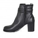 Botines para mujer con cremallera y hebillas en piel negra tacon 7 - Tallas disponibles:  43, 45