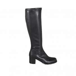 Bottes au genou pour femmes en cuir et matériau élastique noir avec fermeture éclair talon 6 - Pointures disponibles:  32, 33