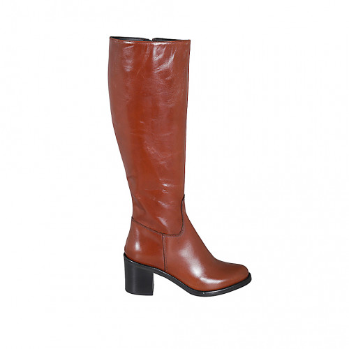 Woman's boot with zipper in cognac brown leather with heel 6 - Available sizes:  33, 42, 43