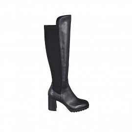 Bottes au genou en cuir et tissu élastique noir avec demi fermeture éclair talon 7 - Pointures disponibles:  32