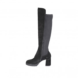 Bottes au genou en daim et tissu élastique noir avec demi fermeture éclair talon 7 - Pointures disponibles:  32, 33, 34, 35, 42, 43, 44, 45 2