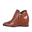 Woman's ankle boot in cognac brown leather with zippers wedge heel 6 - Available sizes:  32
