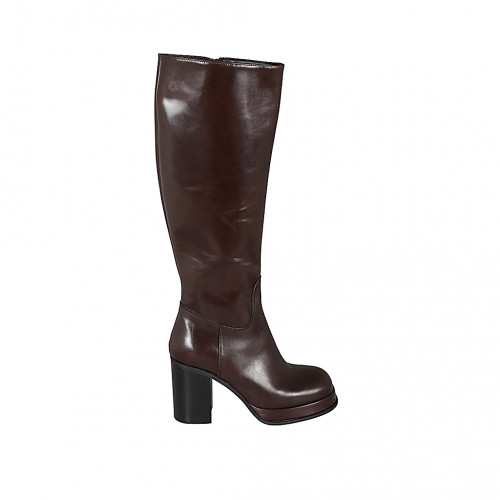 Botas para mujer con punta cuadrada, cremallera y plataforma en piel marron tacon 8 - Tallas disponibles:  43