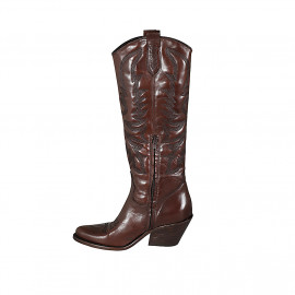 Woman's Texan boot with zipper and embroidery in brown leather heel 7 - Available sizes:  33, 34 2