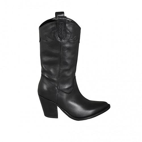 Bottes Texan pour femmes avec demi fermeture éclair et broderie en cuir noir talon 8 - Pointures disponibles:  32, 33