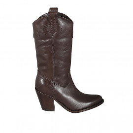 Woman's Texan boot with half zipper and embroidery in brown leather heel 8 - Available sizes:  32, 33, 34, 44