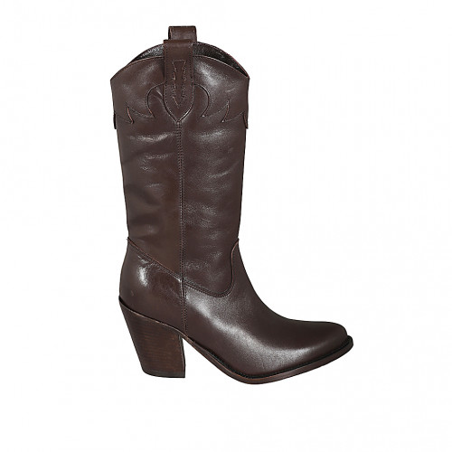 Bottes Texan pour femmes avec demi fermeture éclair et broderie en cuir marron talon 8 - Pointures disponibles:  32, 33, 34, 44