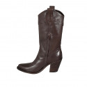 Woman's Texan boot with half zipper and embroidery in brown leather heel 8 - Available sizes:  32, 33, 34, 44