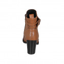 Woman's ankle boot with zipper and buckles in cognac brown leather heel 7 - Available sizes:  42, 43, 44
