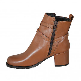 Botines para mujer en piel cognac con hebilla y cremallera tacon 5 - Tallas disponibles:  32, 33, 35, 42, 43, 44, 45 2