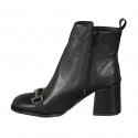Woman's squared tip ankle boot with zipper and accessory in black leather heel 6 - Available sizes:  32, 33, 43, 45