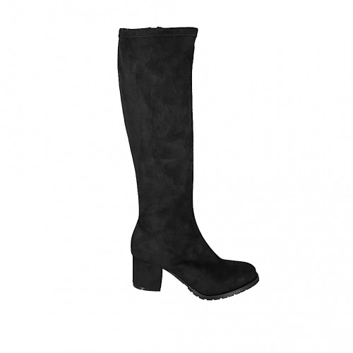 Woman's knee-high boot in black suede and elastic material with zipper heel 5 - Available sizes:  32, 34