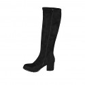 Botas a la rodilla para mujer en gamuza y material elastico negro con cremallera tacon 5 - Tallas disponibles:  32, 34