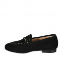 Mocassino da donna con borchie e accessorio in camoscio nero tacco 1 - Misure disponibili: 32, 33, 35, 42, 43, 45, 46