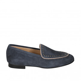 Woman's moccasin shoe with studs in blue suede heel 1 - Available sizes:  32, 35, 42, 43, 46