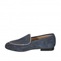 Woman's moccasin shoe with studs in blue suede heel 1 - Available sizes:  32, 35, 42, 43, 46