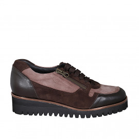 Zapato con cordones y cremalleras para mujer en piel, gamuza y charol marron cuña 4 - Tallas disponibles:  32