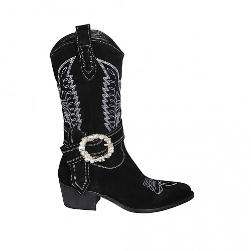 Bottes Texan pour femmes avec demi fermeture éclair, boucle avec strass et broderie blanc en daim noir talon 5 - Pointures disponibles:  32, 33, 34