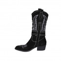 Woman's Texan boot with half zipper, rhinestone buckle and white embroidery in black suede heel 5 - Available sizes:  32, 33, 34
