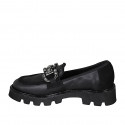 Woman's mocassin with accessory and rhinestones in black leather and suede heel 4 - Available sizes:  32, 33, 35, 43