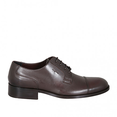 Men's elegant derby shoe with laces and captoe in brown leather - Available sizes:  37, 47, 49, 50, 51