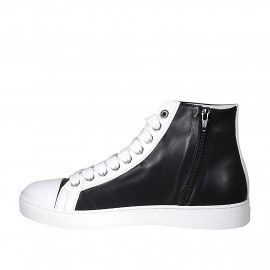 Woman's laced shoe with zipper and removable insole in black and white leather wedge heel 3 - Available sizes:  43, 46 2