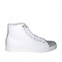 Woman's laced shoe with zipper and removable insole in white and silver glittered leather wedge heel 3 - Available sizes:  42